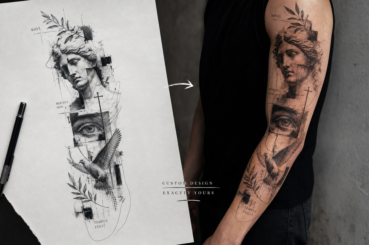 Custom tattoo design sketch next to the finished tattoo on an arm
