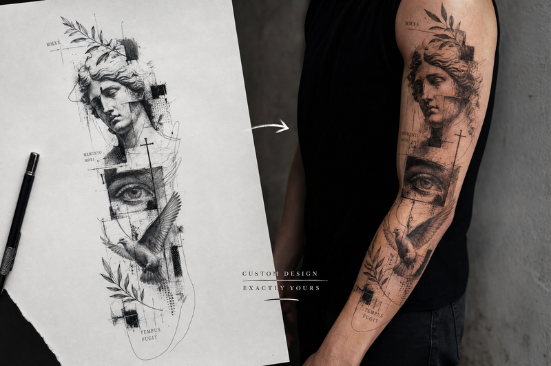 Custom tattoo design sketch next to the finished tattoo on an arm